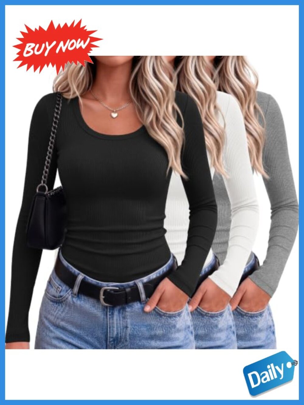 3 Pack Womens Long Sleeve Ribbed Scoop Neck Fitted Tops Stretch